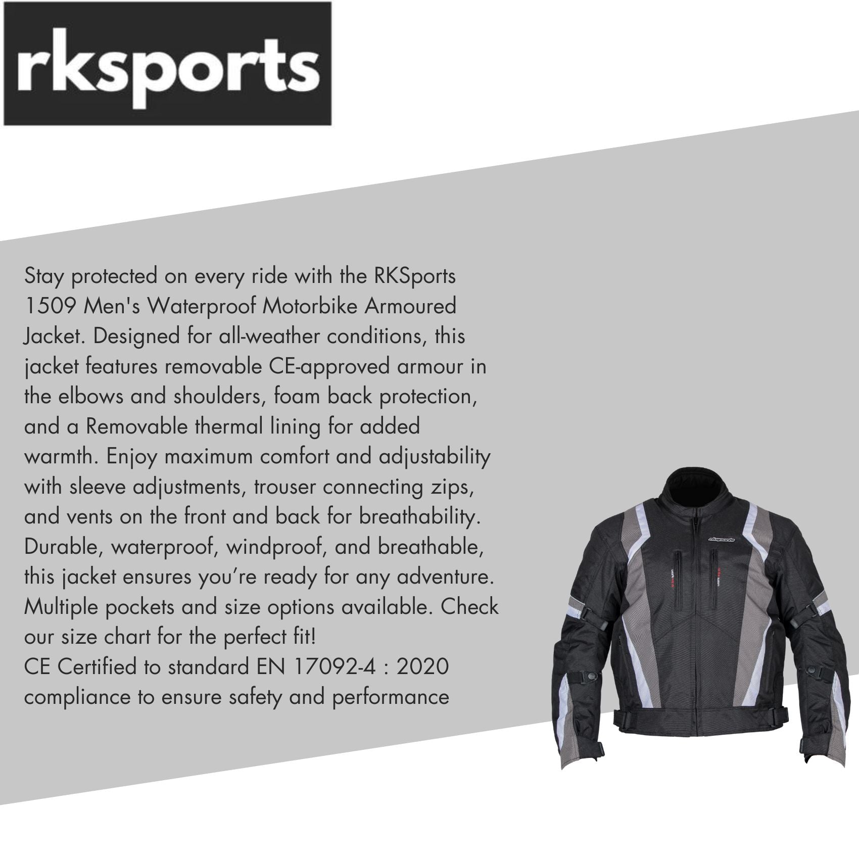 RKSports 1509 MENS Waterproof Textile Motorbike Motorcycle Armoured Jacket