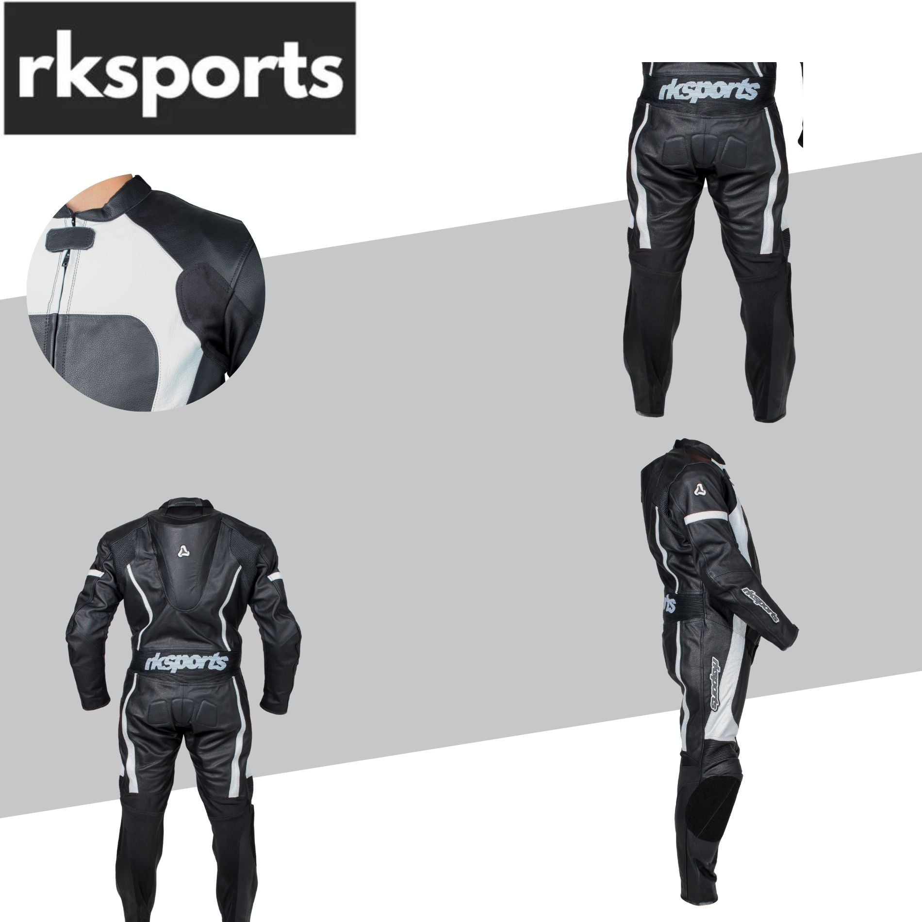 RKSPORTS ONE PIECE LEATHER BLACK WHITE MOTORCYCLE MOTORBIKE SUIT