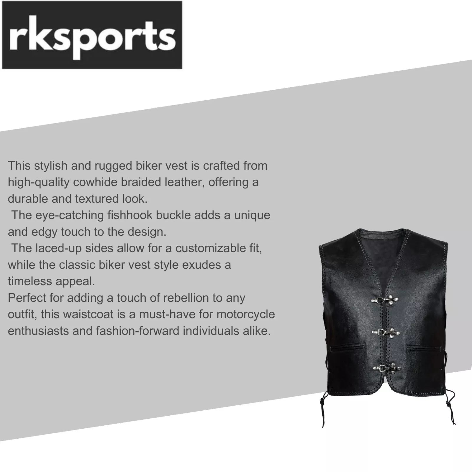 MOTORCYCLE BIKER CLASP FULL LEATHER VEST WAISTCOAT BLACK COWHIDE
