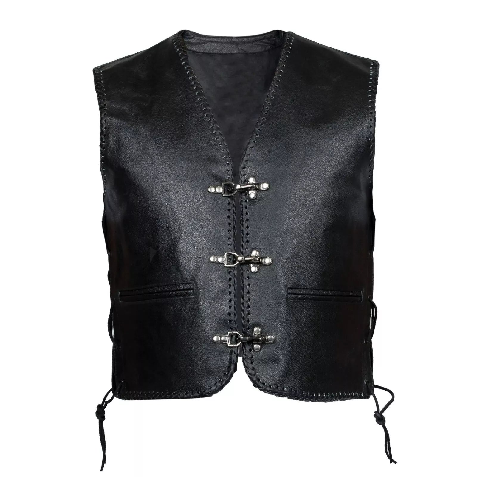 LACE MOTORCYCLE BIKER CLASP FULL LEATHER VEST WAISTCOAT BLACK COWHIDE