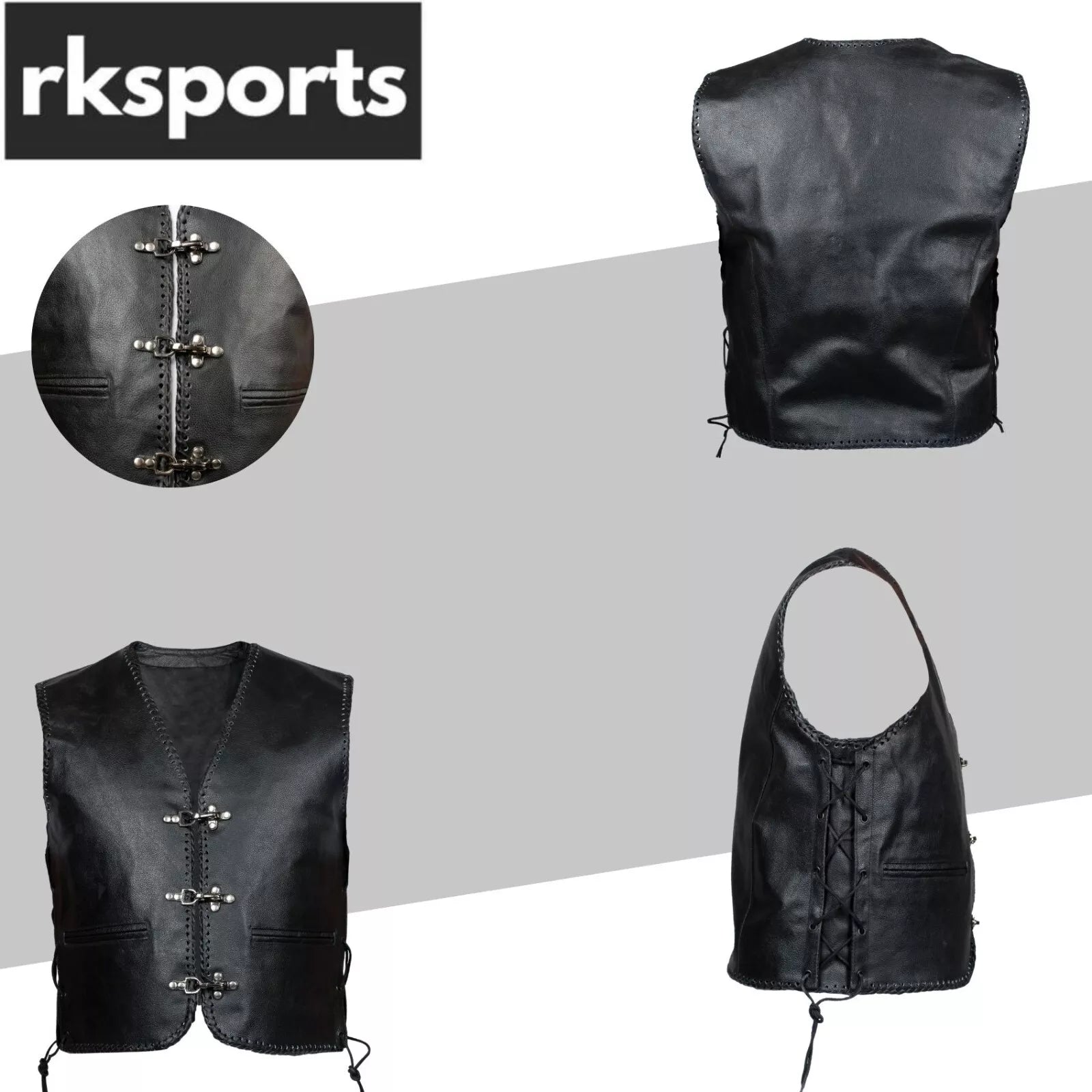 LACE MOTORCYCLE BIKER CLASP FULL LEATHER VEST WAISTCOAT BLACK COWHIDE