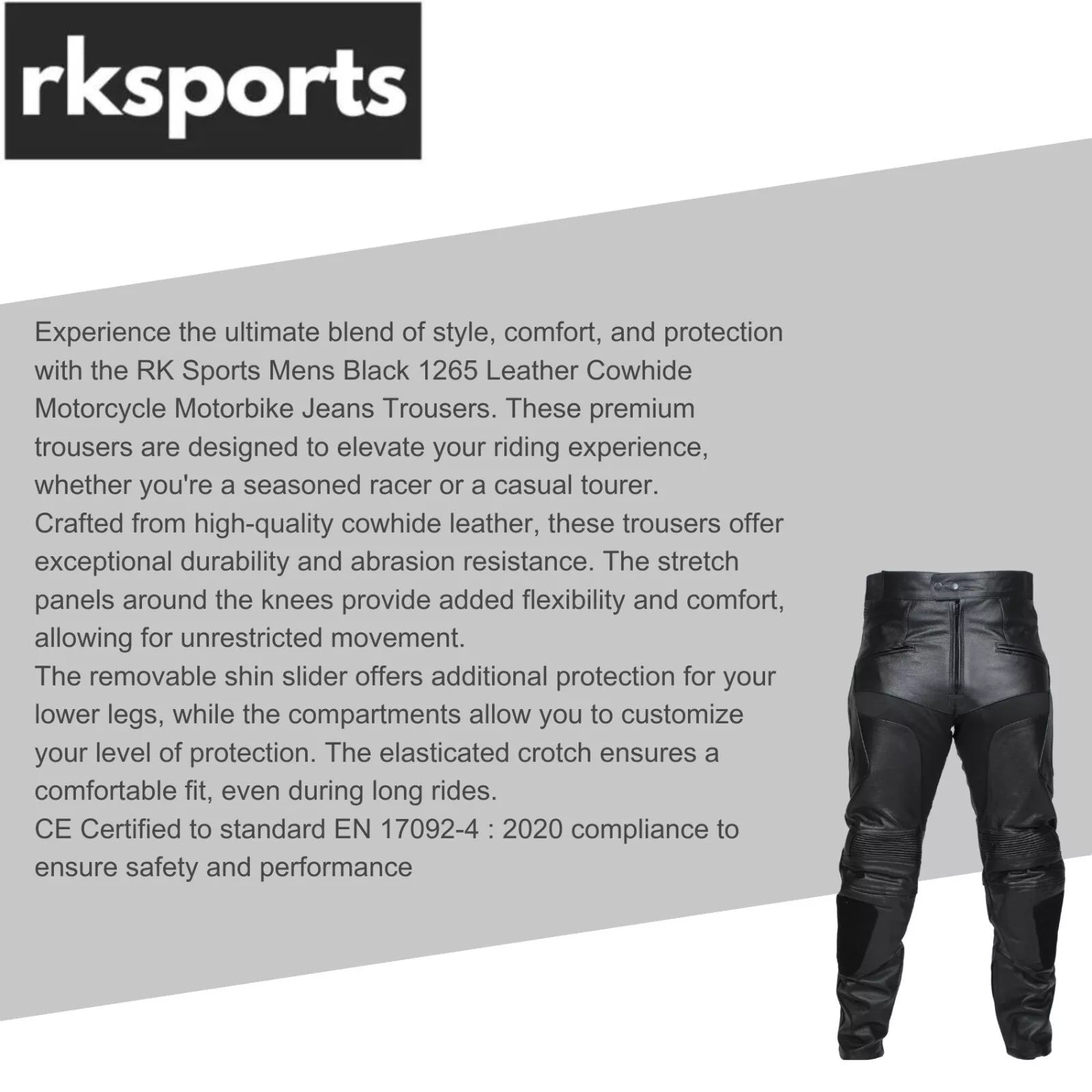 RKSPORTS MENS BLACK 1265 LEATHER COWHIDE MOTORCYCLE MOTORBIKE JEANS TROUSERS