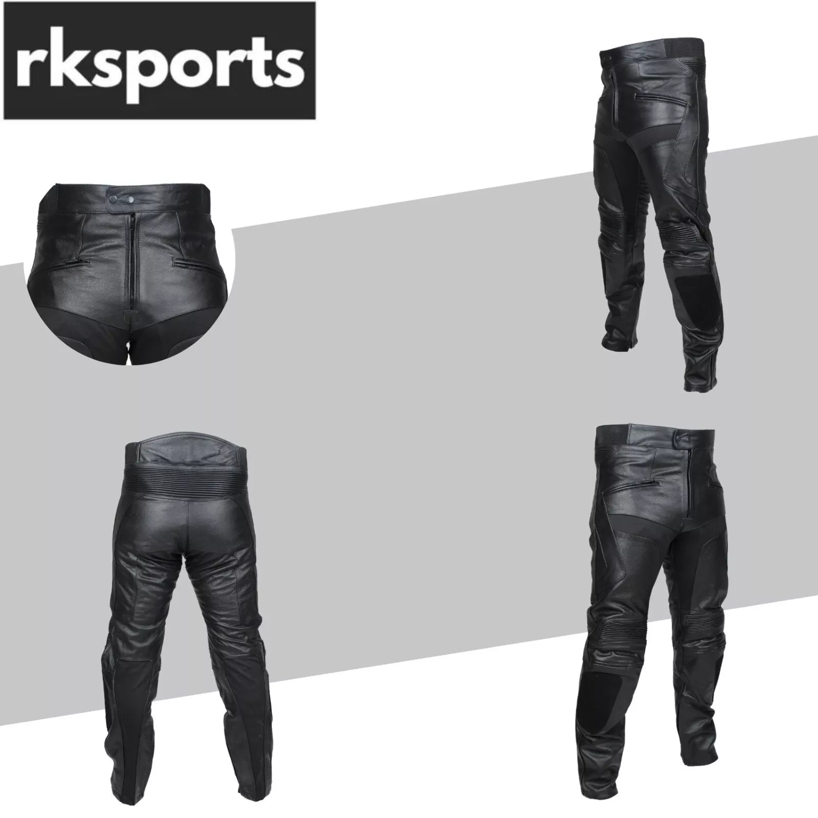 RKSPORTS MENS BLACK 1265 LEATHER COWHIDE MOTORCYCLE MOTORBIKE JEANS TROUSERS