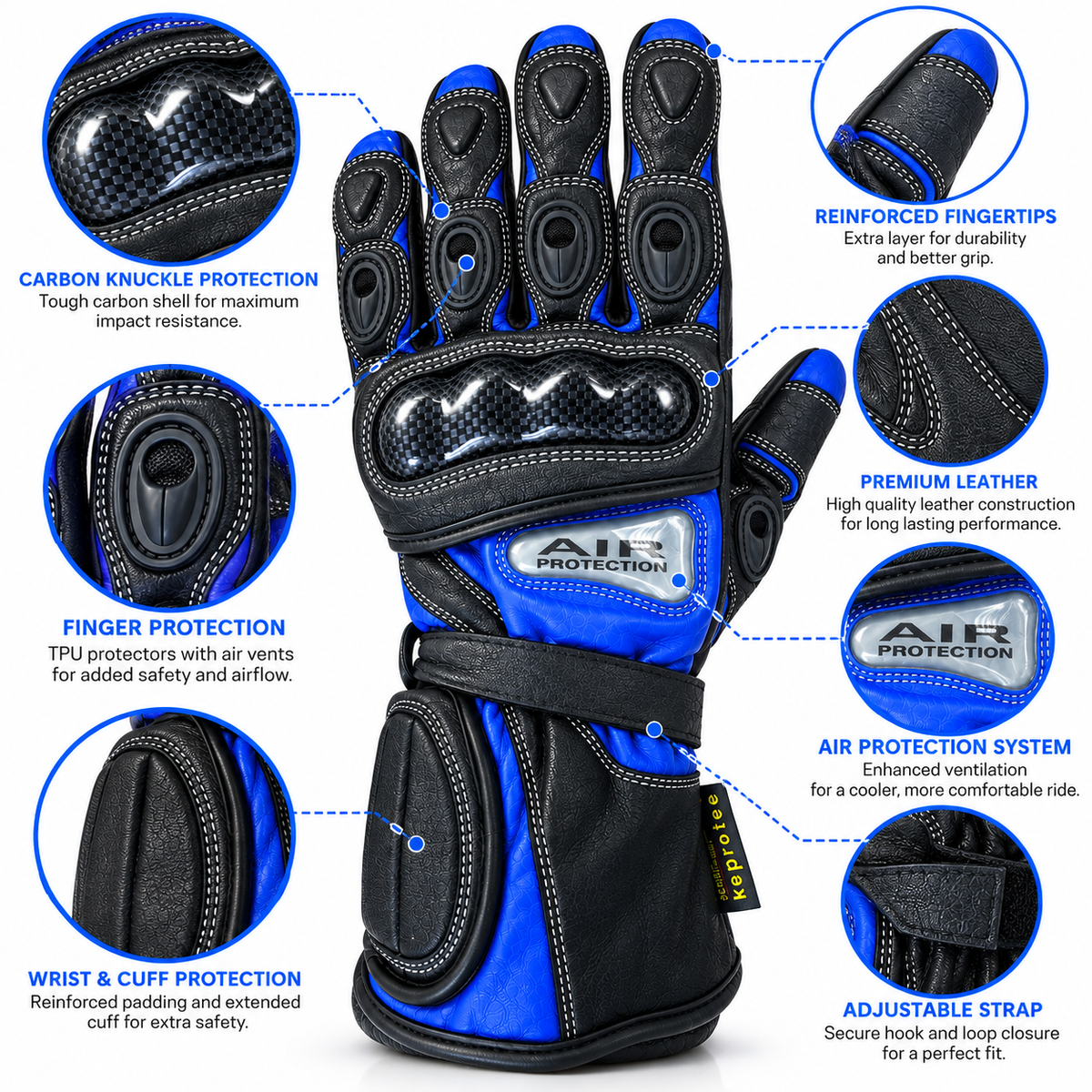 Motorcycle Gloves 504 Waterproof Leather Armoured Biker Riding Gloves Red Blue