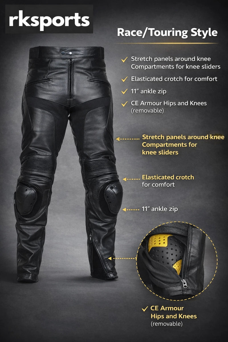 RKSPORTS MENS BLACK 1265 LEATHER COWHIDE MOTORCYCLE MOTORBIKE JEANS TROUSERS