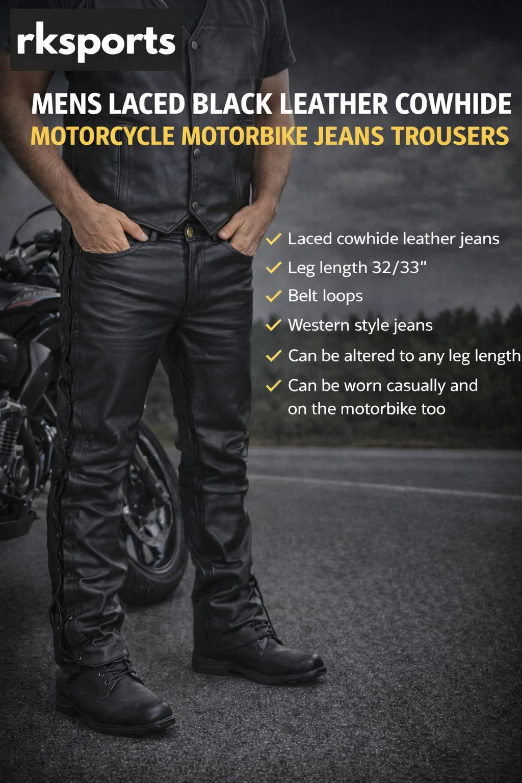 MENS LACED BLACK LEATHER COWHIDE MOTORCYCLE MOTORBIKE JEANS TROUSERS