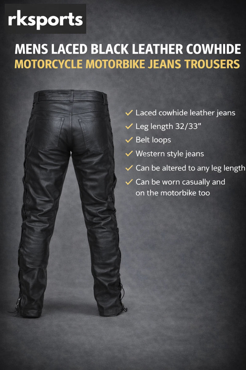 MENS LACED BLACK LEATHER COWHIDE MOTORCYCLE MOTORBIKE JEANS TROUSERS