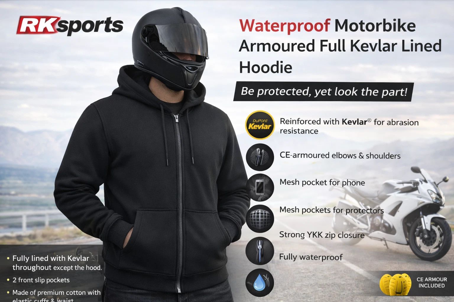 rksports Kevlar Lined And Protective Armoured Motorcycle Hoodie