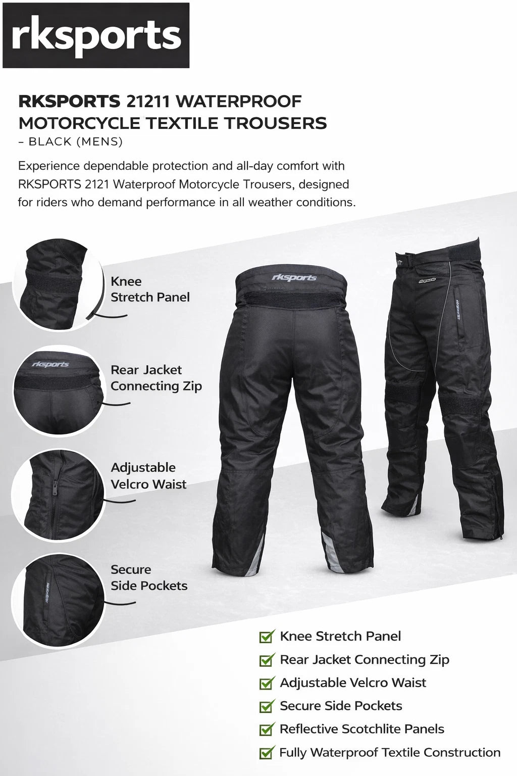 RKSPORTS 2121 WATERPROOF MOTORBIKE MOTORCYCLE BLACK MENS TEXTILE  TROUSERS
