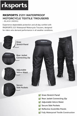 RKSPORTS 2121 WATERPROOF MOTORBIKE MOTORCYCLE BLACK MENS TEXTILE  TROUSERS