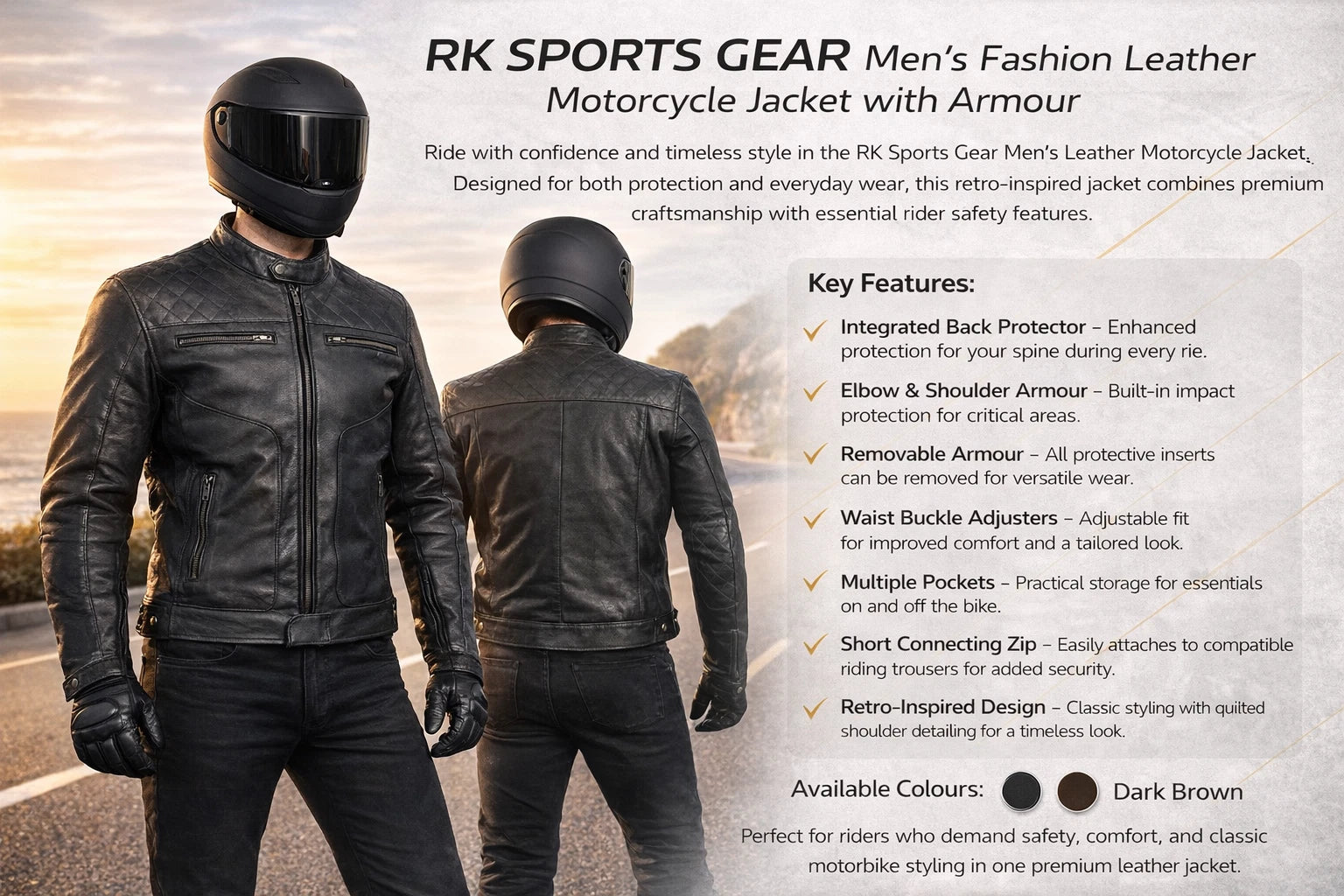 Rksports Gear Mens  Fashion Leather Motorcycle motorbike Jacket with Armour