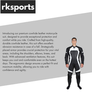 RKSPORTS ONE PIECE LEATHER BLACK WHITE MOTORCYCLE MOTORBIKE SUIT