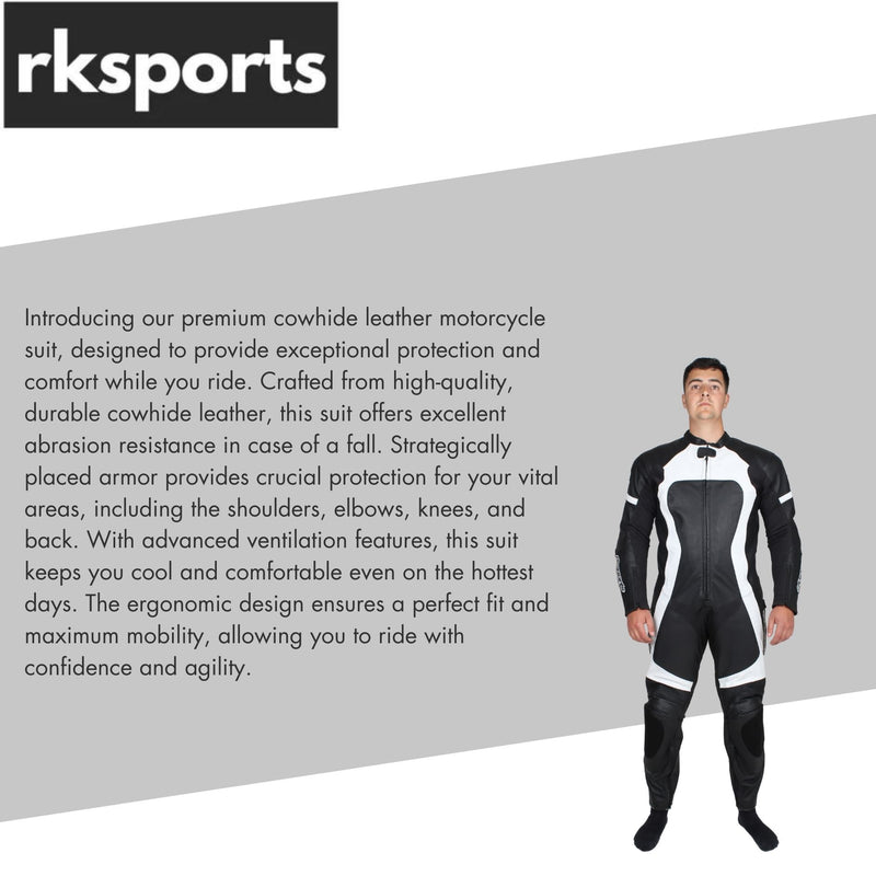 RKSPORTS ONE PIECE LEATHER BLACK WHITE MOTORCYCLE MOTORBIKE SUIT