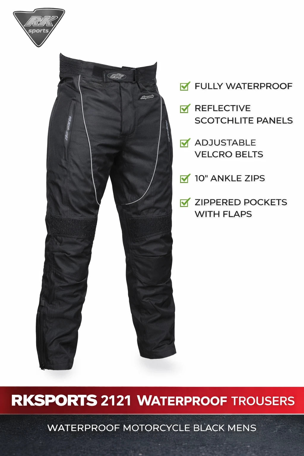 RKSPORTS 2121 WATERPROOF MOTORBIKE MOTORCYCLE BLACK MENS TEXTILE  TROUSERS