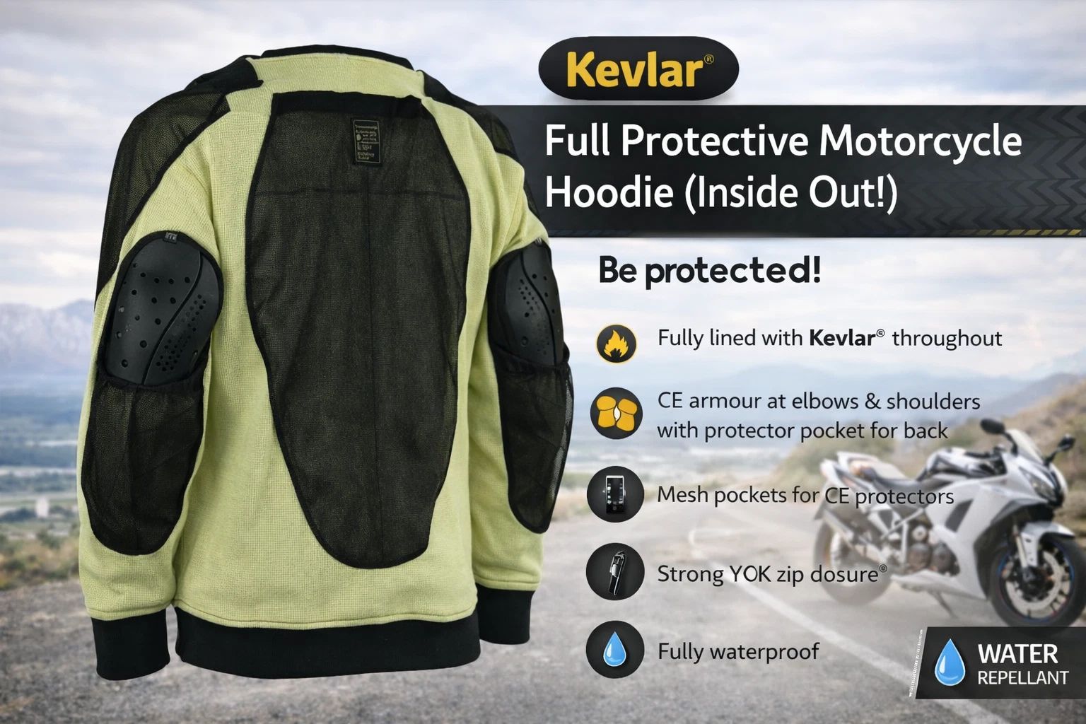 Sweat à capuche moto blindé et doublé en Proto Kevlar