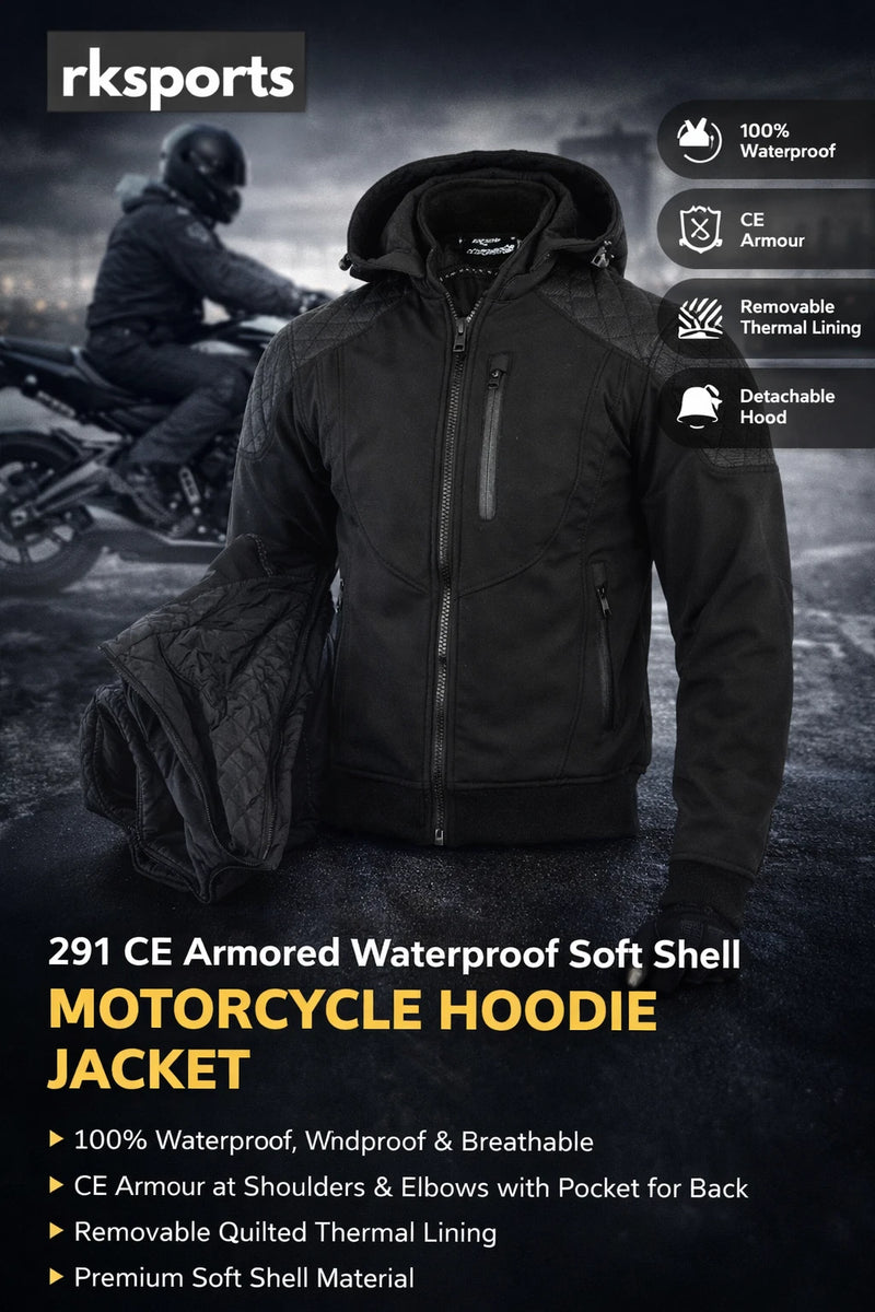 RKSports Motorcycle Motorbike 291 CE Armor Waterproof Soft Shell Hoodie Jacket