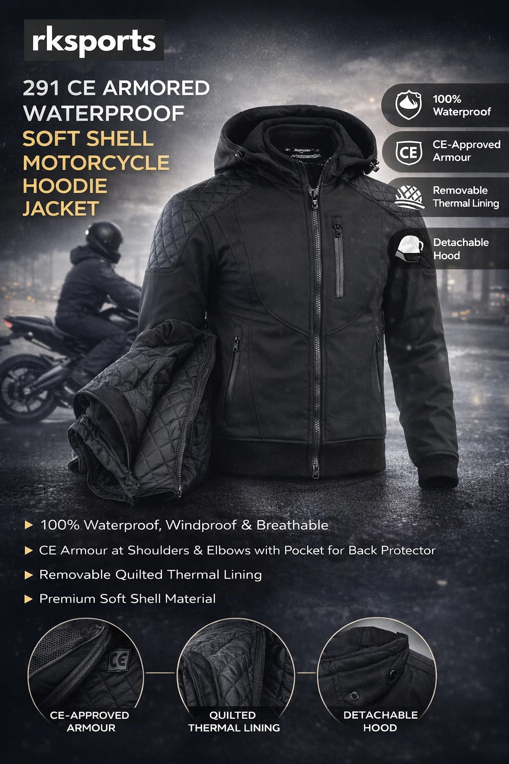 RKSports Motorcycle Motorbike 291 CE Armor Waterproof Soft Shell Hoodie Jacket