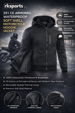 RKSports Motorcycle Motorbike 291 CE Armor Waterproof Soft Shell Hoodie Jacket