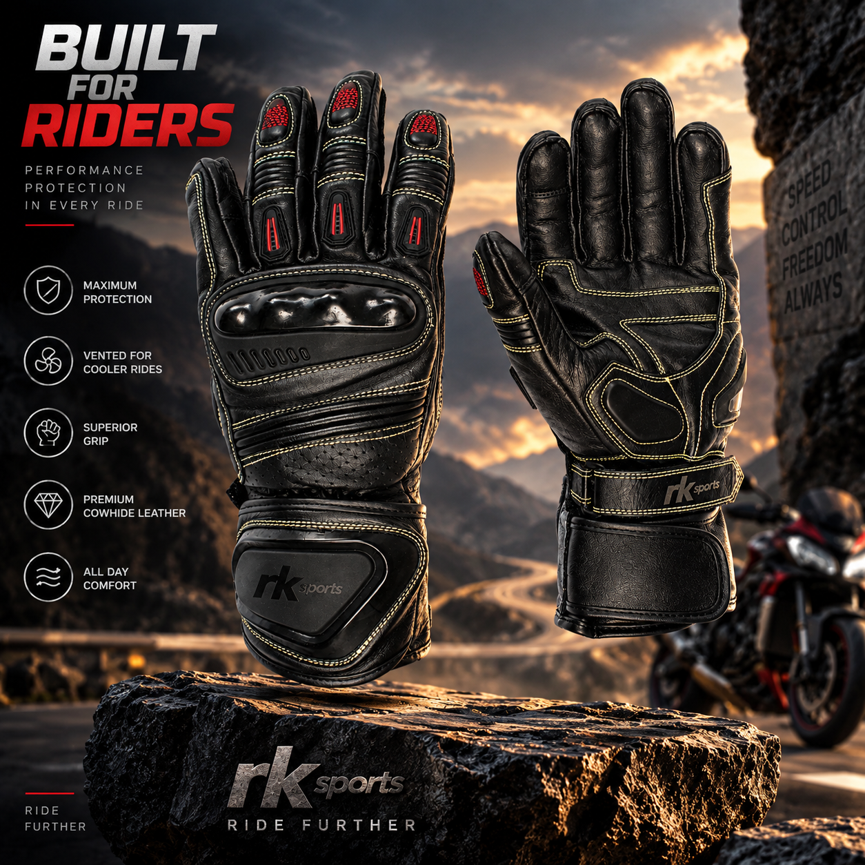 Gants de moto de course RK Sports à phalanges renforcées en carbone