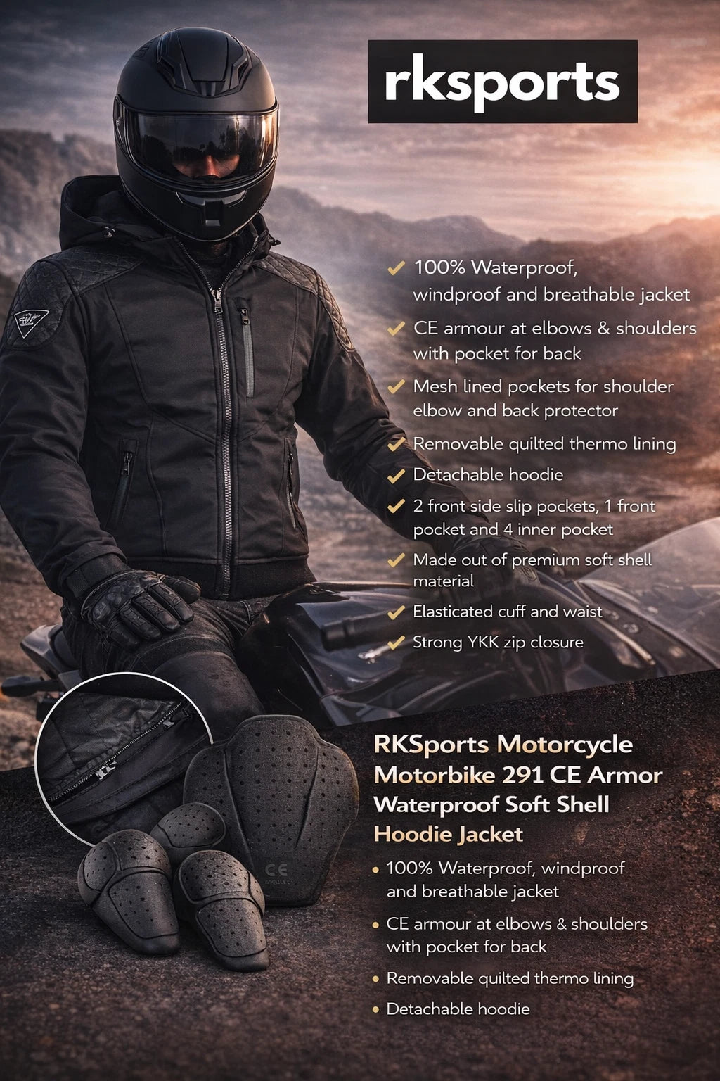 RKSports Motorcycle Motorbike 291 CE Armor Waterproof Soft Shell Hoodie Jacket
