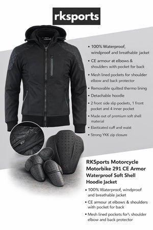 RKSports Motorcycle Motorbike 291 CE Armor Waterproof Soft Shell Hoodie Jacket