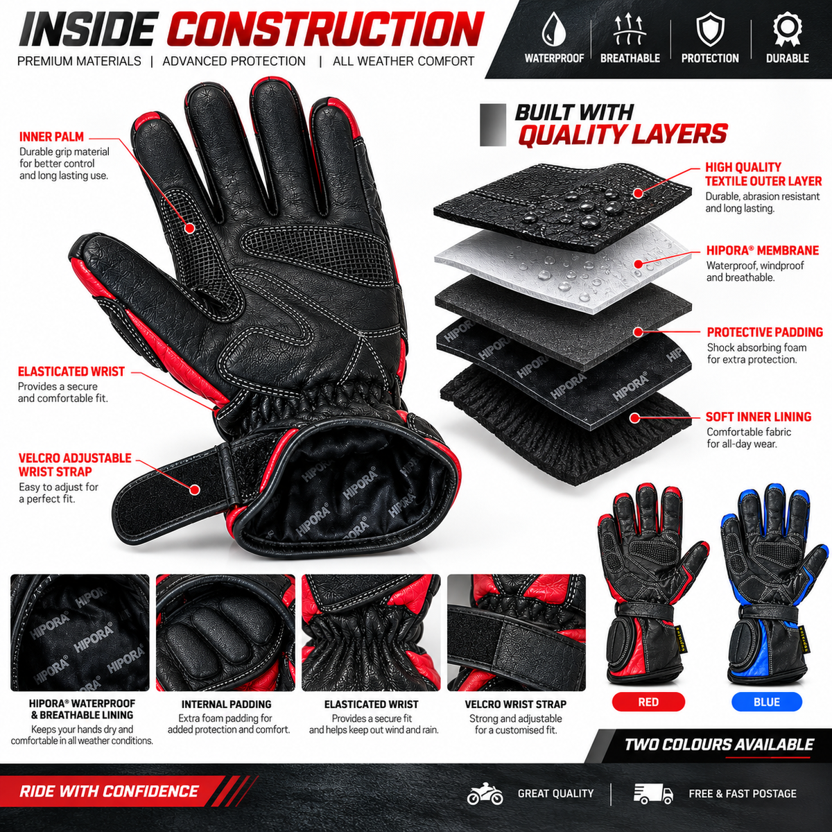 Motorcycle Gloves 504 Waterproof Leather Armoured Biker Riding Gloves Red Blue