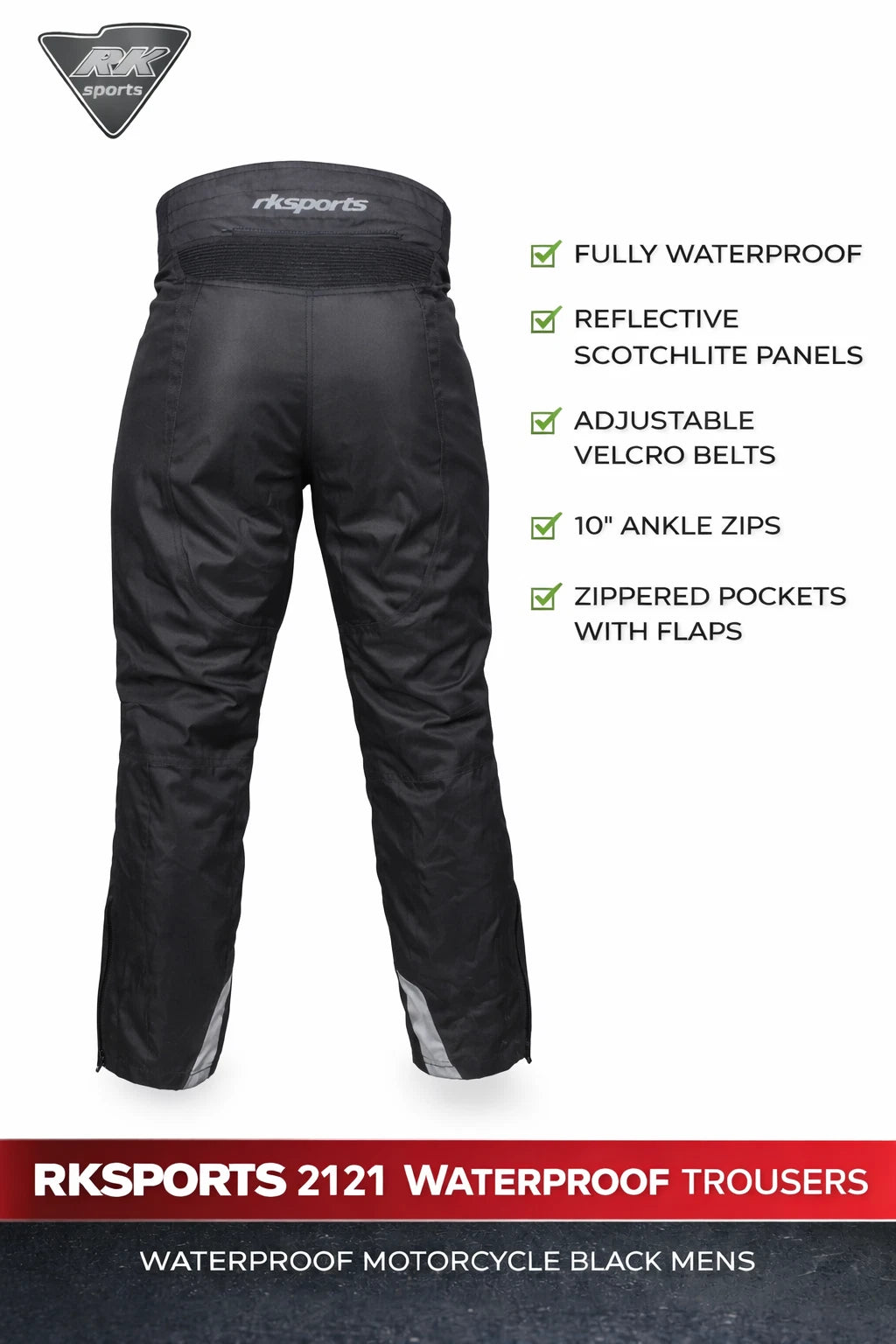 RKSPORTS 2121 WATERPROOF MOTORBIKE MOTORCYCLE BLACK MENS TEXTILE  TROUSERS