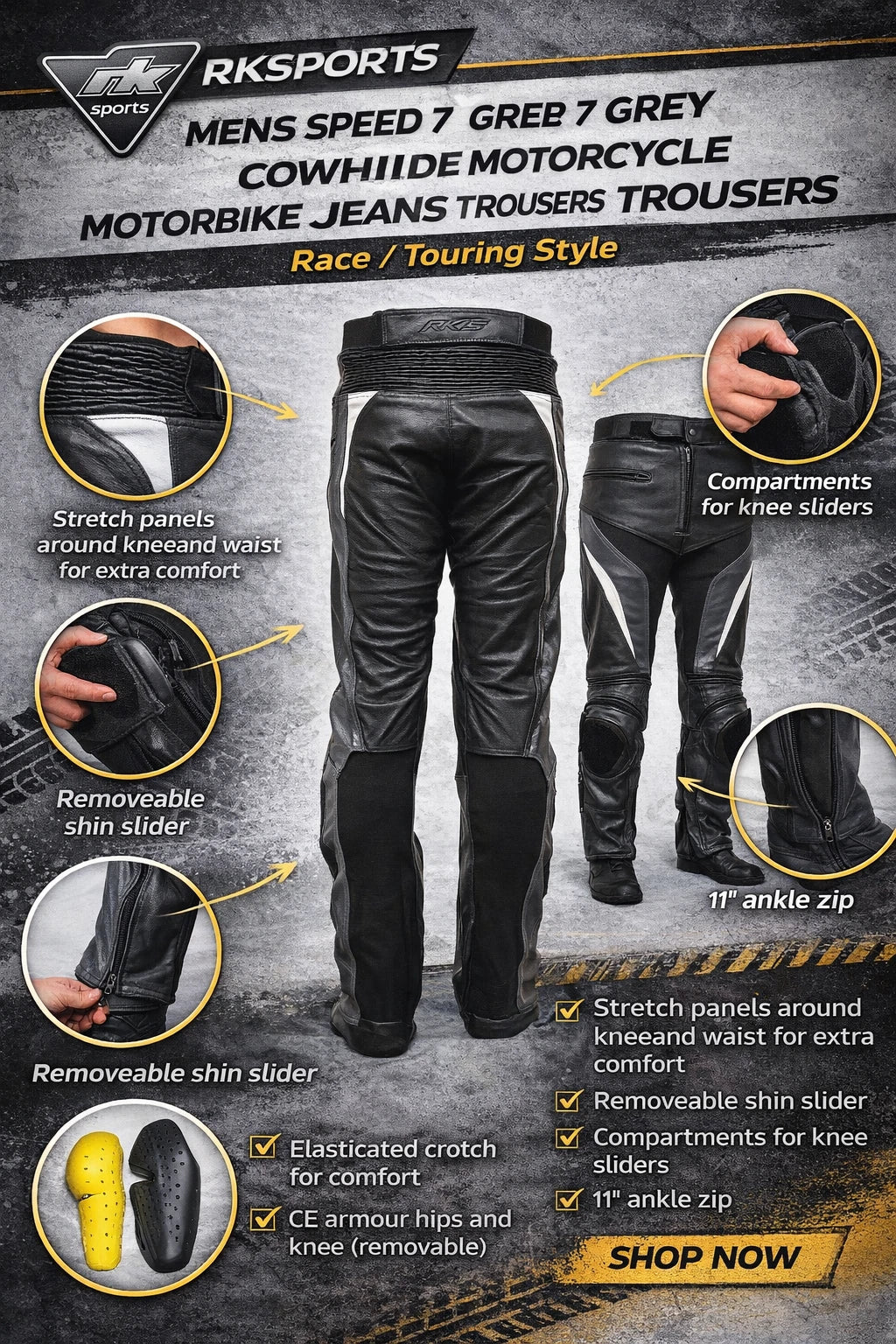 RKSPORTS MENS SPEED 7 GREY LEATHER COWHIDE MOTORCYCLE MOTORBIKE JEANS TROUSERS