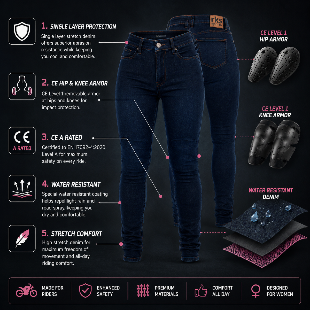 RK Sports Ladies Original A Rated Motorcycle Denim Armoured Jeans