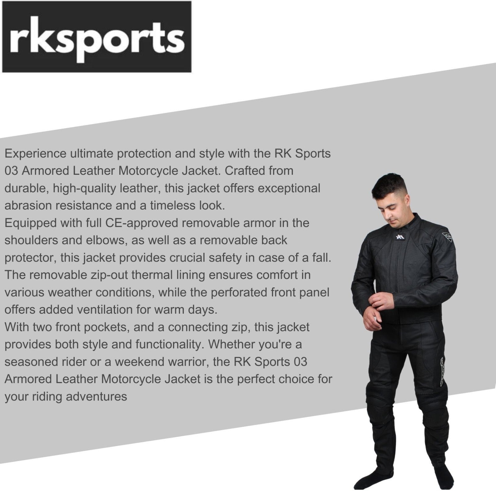 RK Sports 03 Armored Leather Motorcycle Jacket – Breathable Cowhide Leather