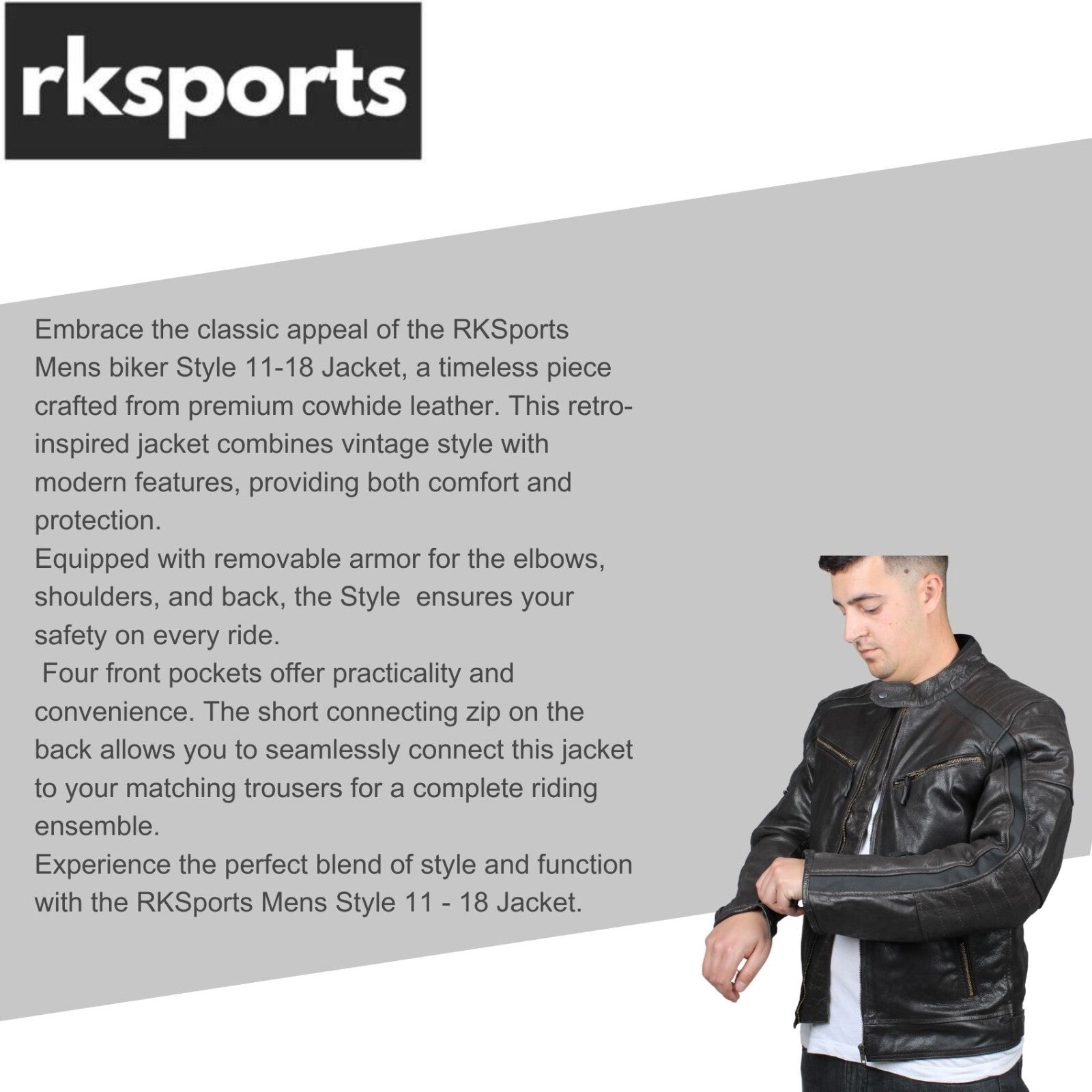 RKSports Mens biker Style 11-18 Fashion Leather Jacket– Cowhide Leather
