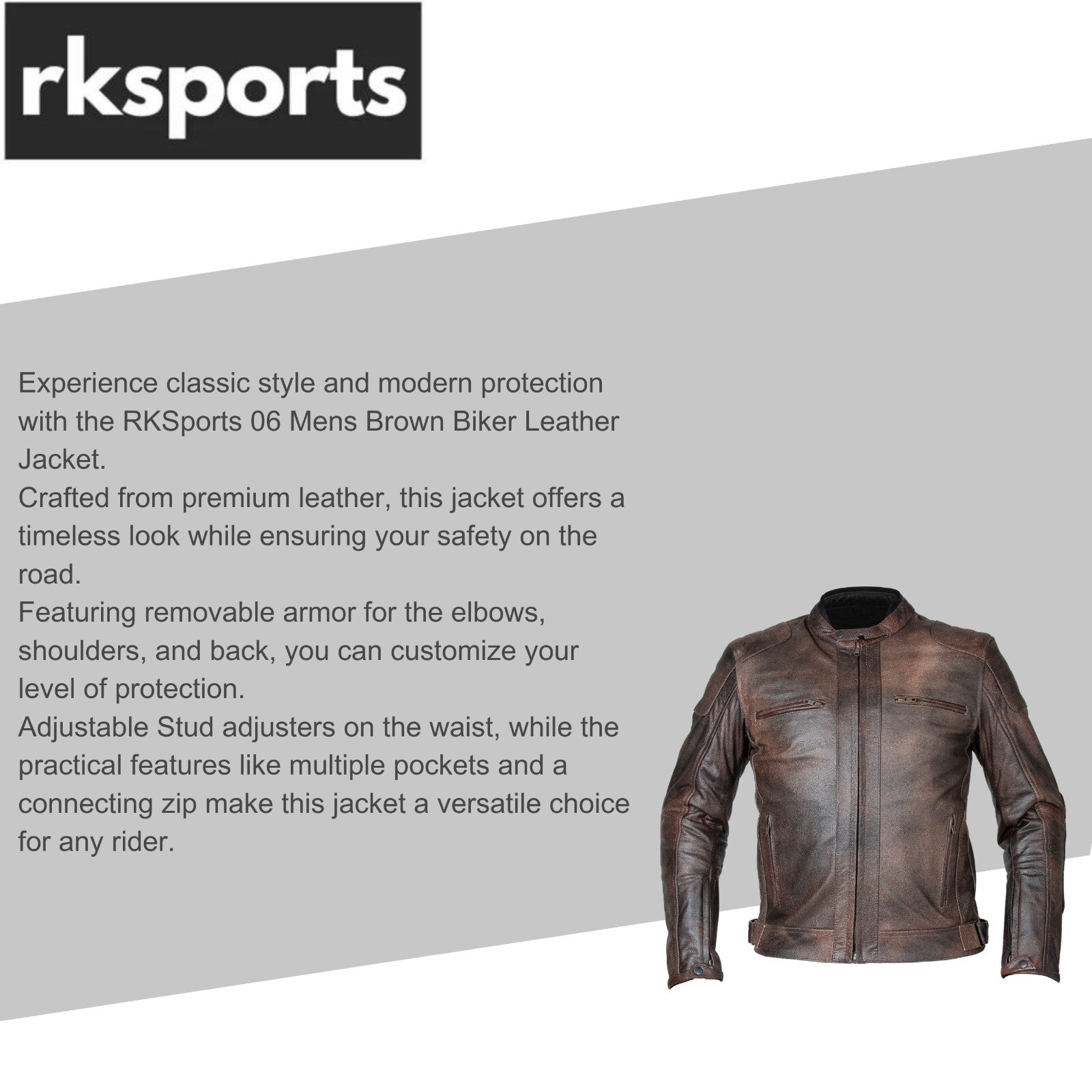 Rksports 06 Mens Brown Fashion Leather Motorcycle Motorbike Jacket with Armour