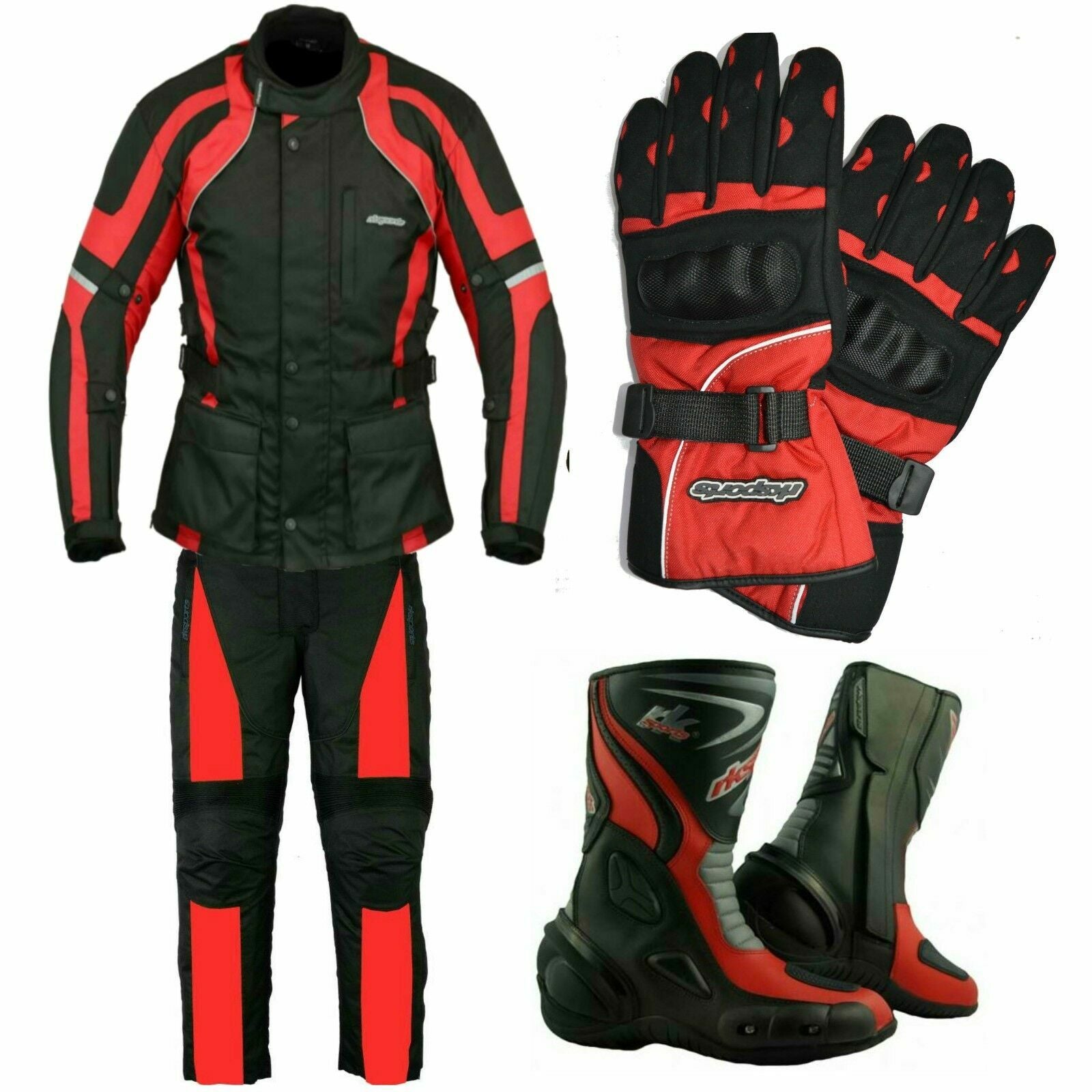 RKSports 1509 textile Motorbike Waterproof Red Suit Gloves Trousers Jacket CE Mens