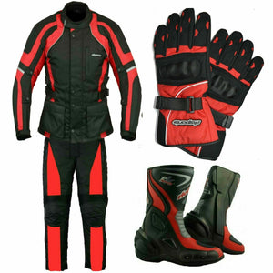 RKSports 1509 textile Motorbike Waterproof Red Suit Gloves Trousers Jacket CE Mens