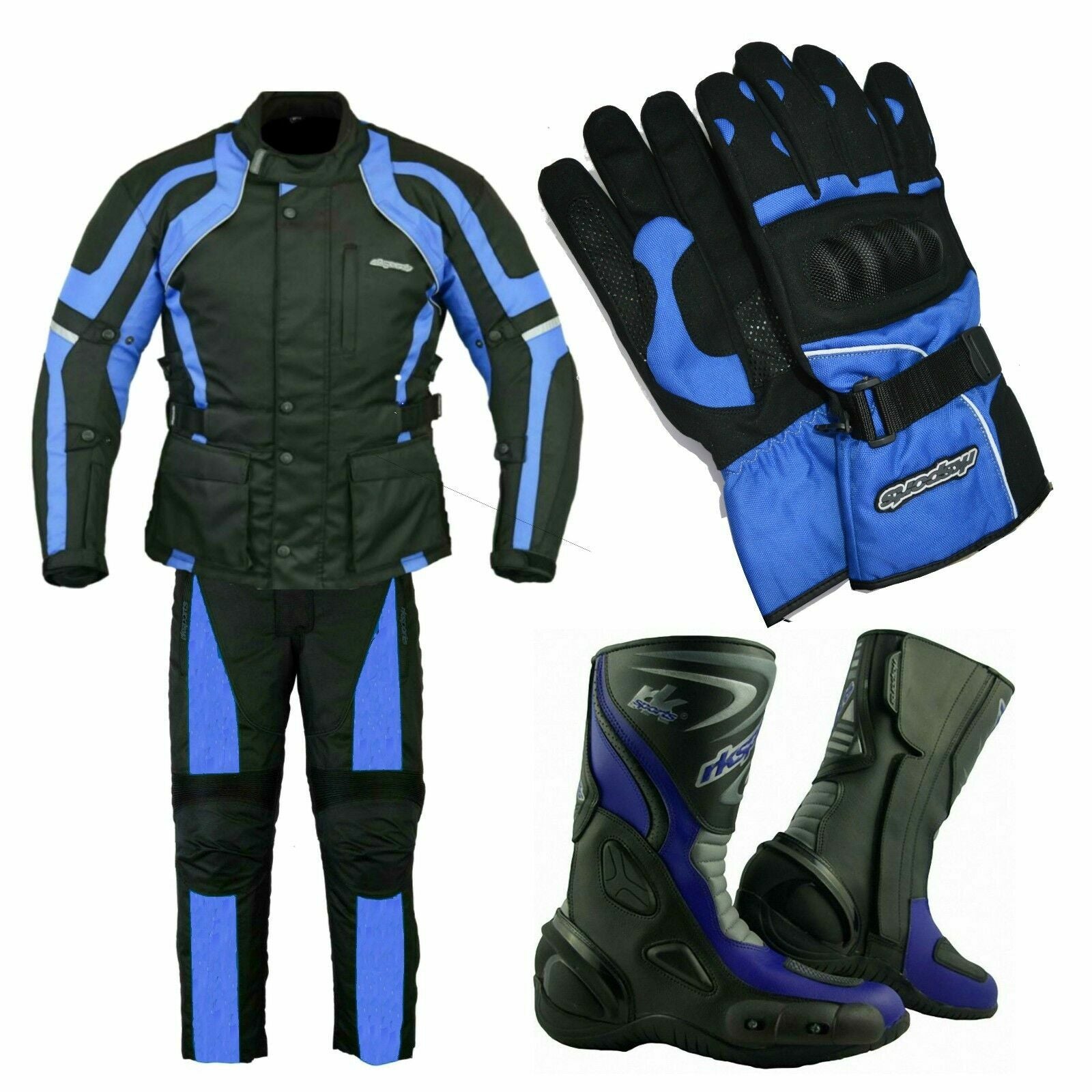 RKSports 1509 textile Motorbike Waterproof Blue Suit Gloves Trousers Jacket CE Mens