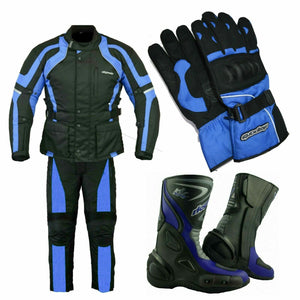RKSports 1509 textile Motorbike Waterproof Blue Suit Gloves Trousers Jacket CE Mens