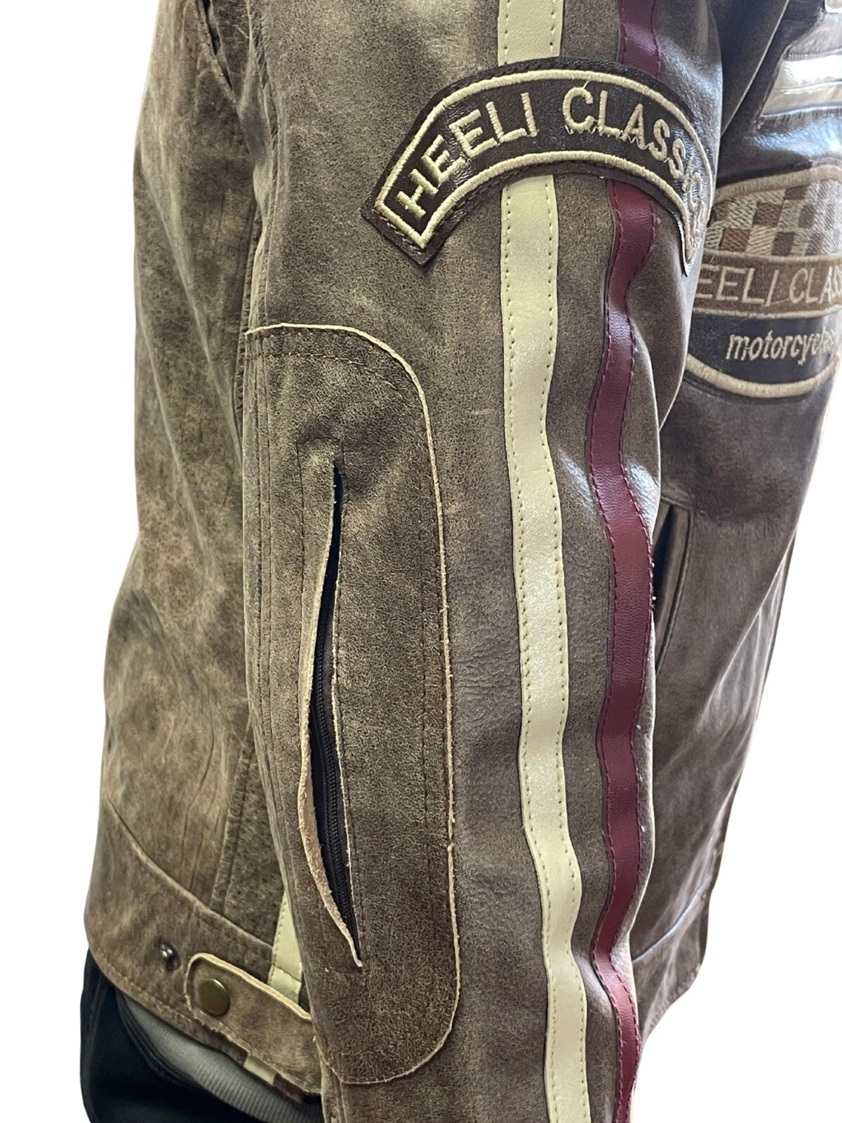 RK Sports Brown Leather Jacket – Retro Style with Armour Pockets