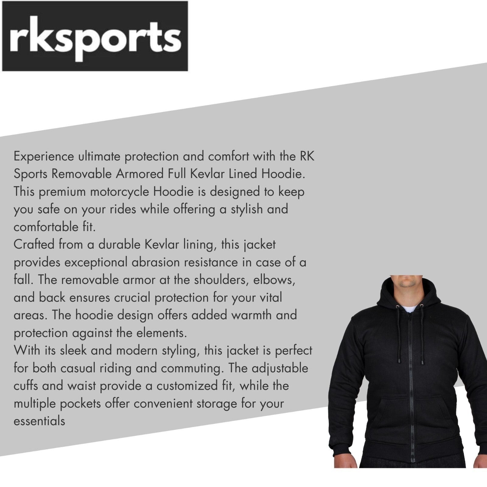 RKsports Motorcycle Motorbike Removable Armoured Full Kevlar Lined Hoodie