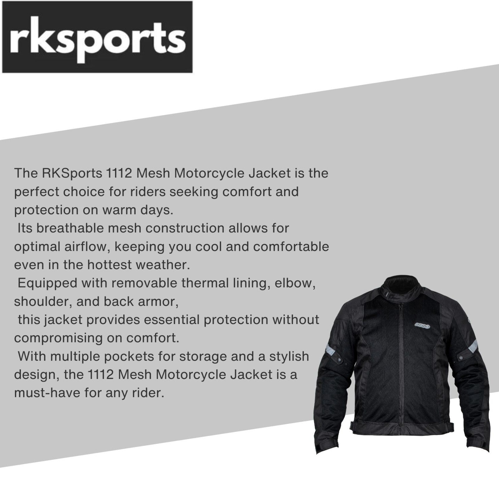 1112 RKSPORTS MESH MOTORCYCLE JACKET AIR FLOW ARMORED MENS LADIES BLACK