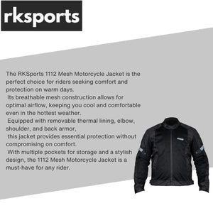 1112 RKSPORTS MESH MOTORCYCLE JACKET AIR FLOW ARMORED MENS LADIES BLACK