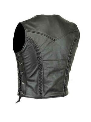 LADIES TASSEL MOTORCYCLE BIKER BUCKLED LEATHER VEST WAISTCOAT BLACK COWHIDE