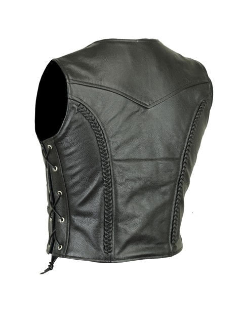 LADIES TASSEL MOTORCYCLE BIKER BUCKLED LEATHER VEST WAISTCOAT BLACK COWHIDE