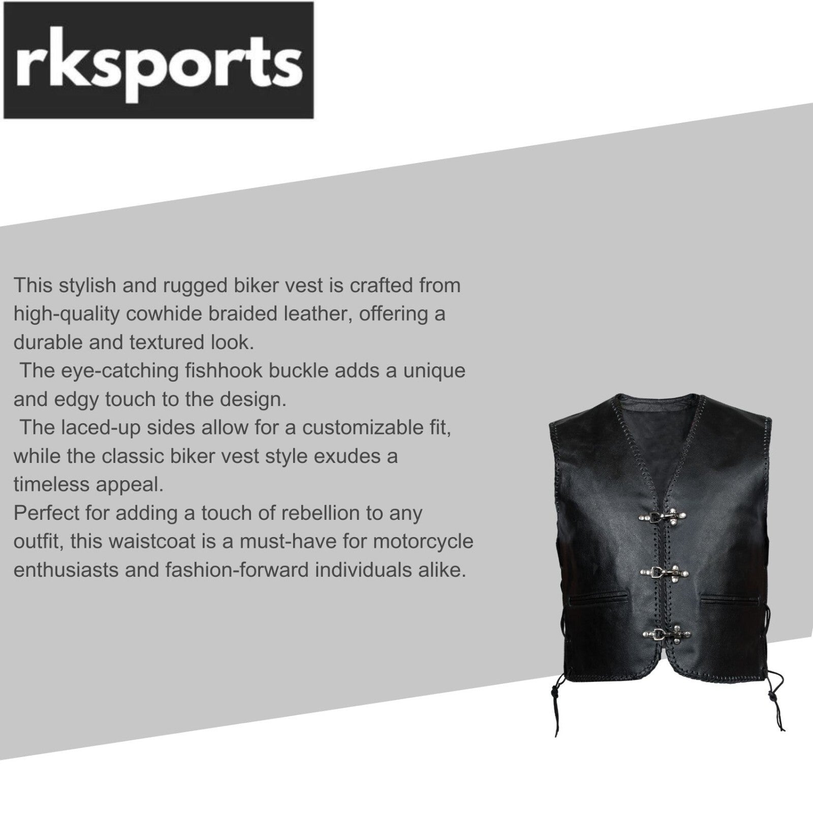 Men’s Black Leather Biker Vest – Motorcycle Waistcoat Cowhide Split with Lace