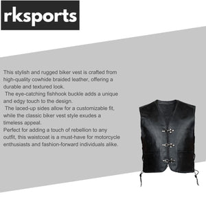 Men’s Black Leather Biker Vest – Motorcycle Waistcoat Cowhide Split with Lace
