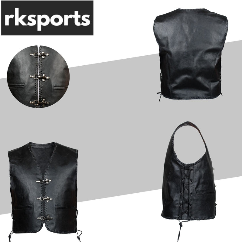 Men’s Black Leather Biker Vest – Motorcycle Waistcoat Cowhide Split with Lace