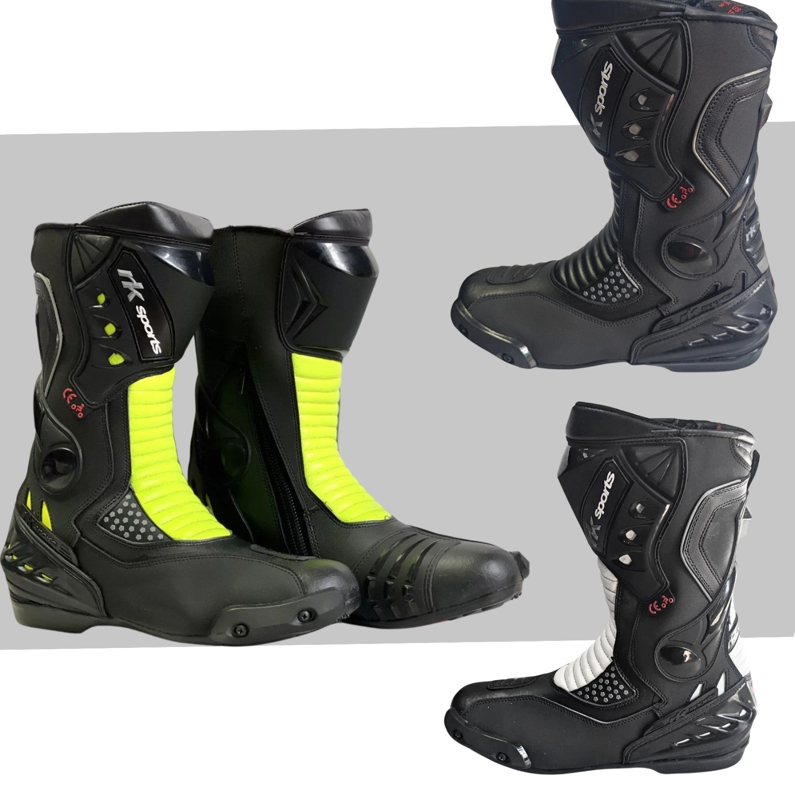 New Racer 10043  Motorcycle Motorbike CE Water Resistant Black/white/hiviz Boots