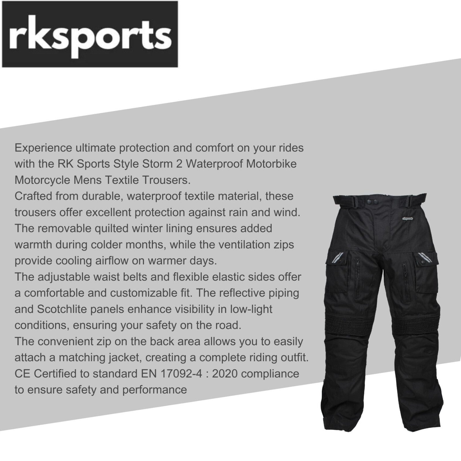 RKSPORTS STYLE STORM 2 WATERPROOF MOTORBIKE MOTORCYCLE MENS TEXTILE TROUSERS