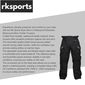 RKSPORTS STYLE STORM 2 WATERPROOF MOTORBIKE MOTORCYCLE MENS TEXTILE TROUSERS