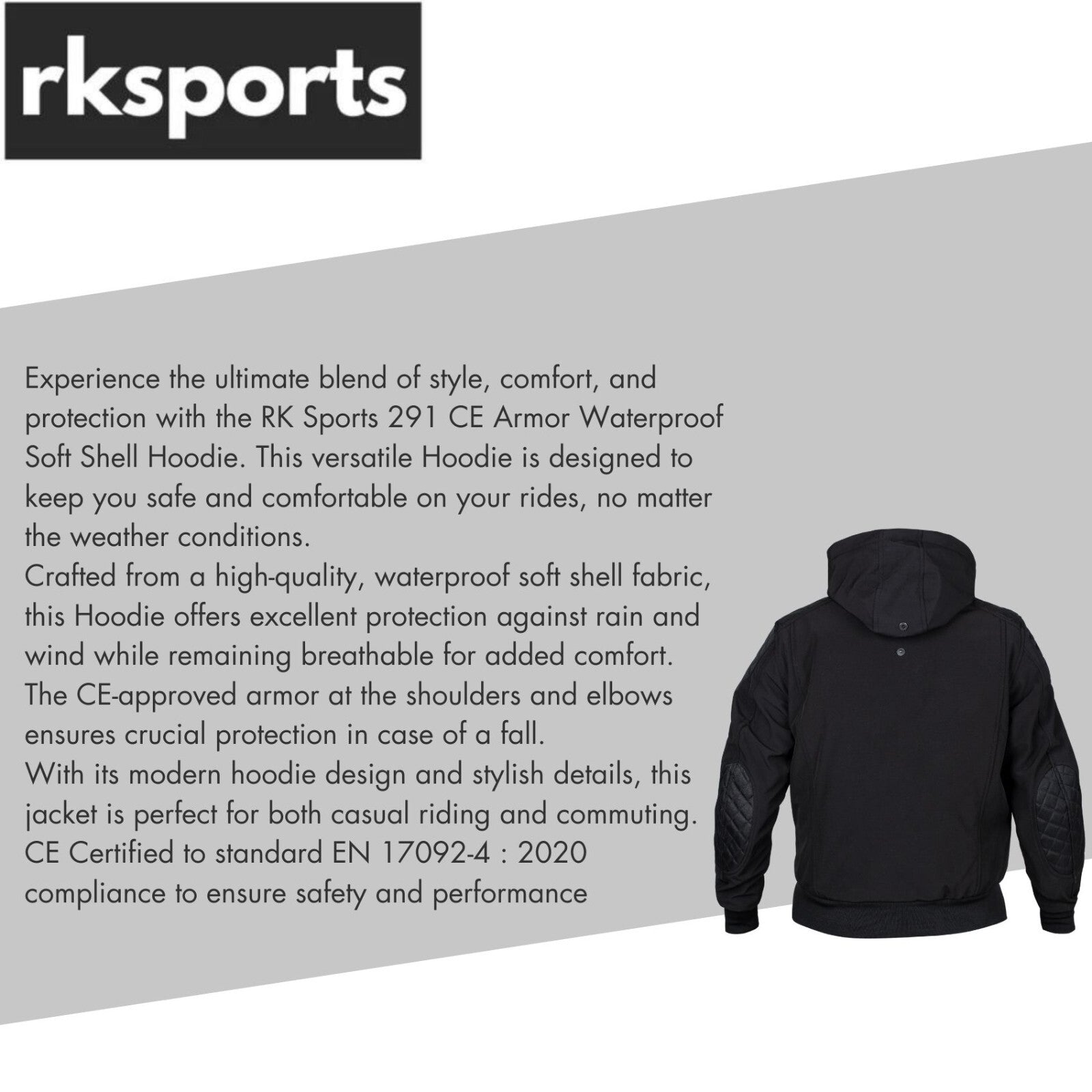 RKSports Motorcycle Motorbike 291 CE Armor Waterproof Soft Shell Hoodie Jacket