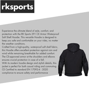 RKSports Motorcycle Motorbike 291 CE Armor Waterproof Soft Shell Hoodie Jacket